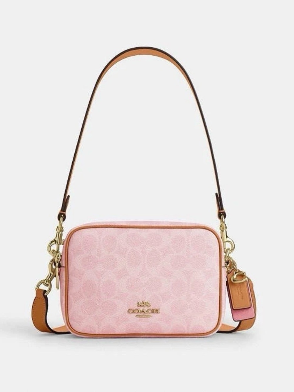 Coach Pink Signature mini Carey  Bag with Tan Trim with wallet
